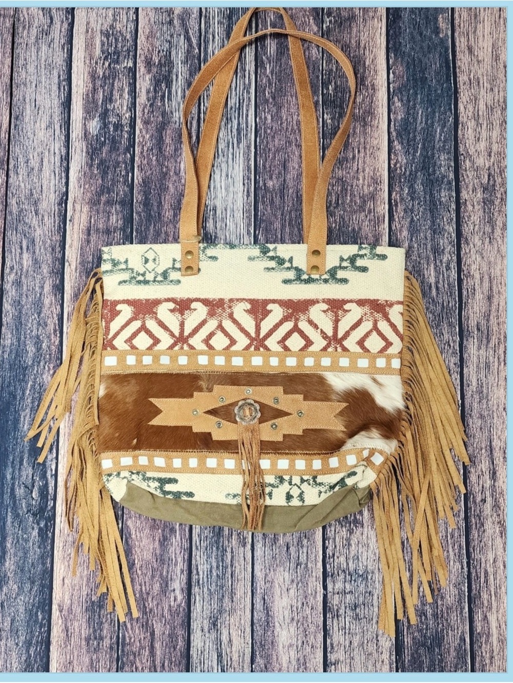 OHLAY Cowhide leather and Upcycled Canvas Fringe Tote - Picture 4 of 4